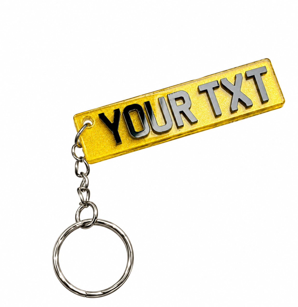 Yellow 4D personalised keyring with raised lettering and metal ring
